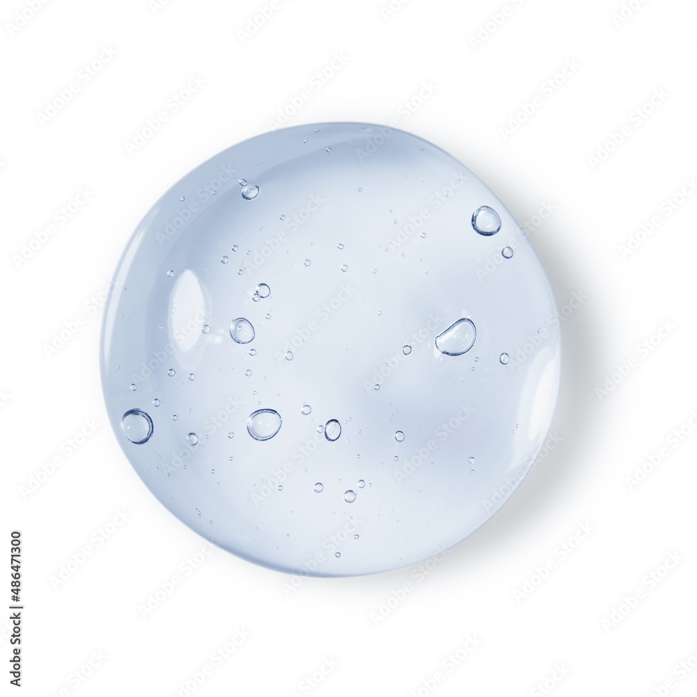 Glycerin gel texture. Blue serum toner drop isolated on white background. Liquid gel sphere with bubbles macro - obrazy, fototapety, plakaty 