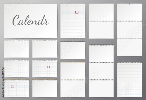 Realistic blank wall calendars mockups with spiral and table. Realistic Calendar Blank Hanging On A Wall. Blank Office Calendar Mock Up. Realistic Sheets Of Paper.