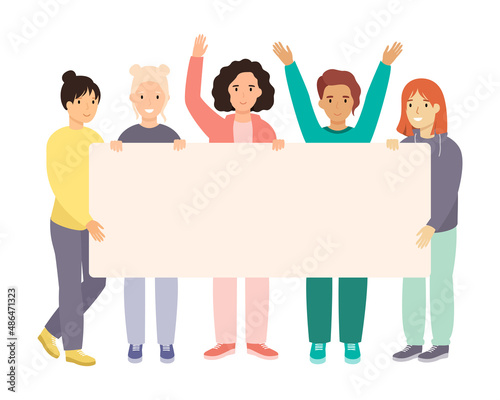 Group women standing together and holding blank banner.