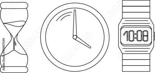 Vintage  clock. Watch set: clock with hands, hourglass, electronic clock. Vector illustration one line. Line art.