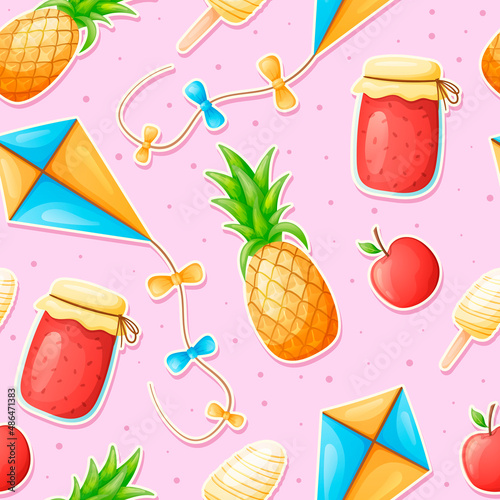 Vector seamless summer baby pattern, pineapple, jam, ice cream and flying kite.