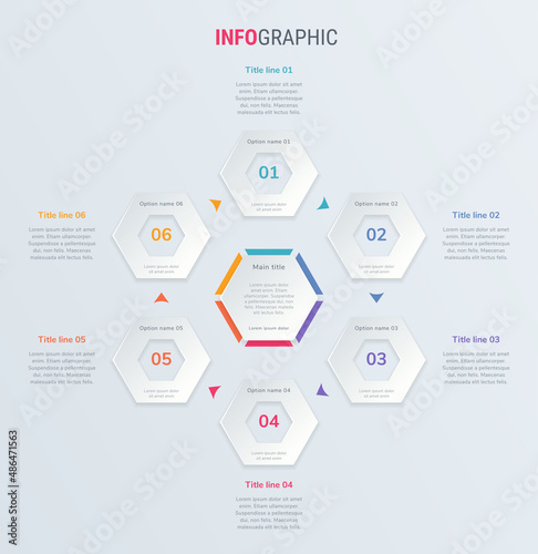 Abstract business honeycomb  infographic template with 6 options. Colorful diagram, timeline and schedule isolated on light background.
