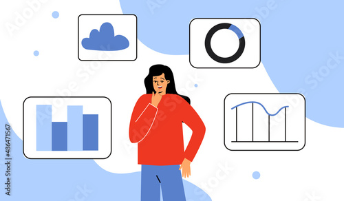 A woman works, a woman is a business analyst. The concept of analytical thinking, statistical analysis. Charts, working with data. Vector illustration