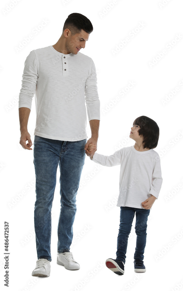 Little boy with his father on white background Little boy with his father on white background