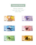 Uganda Shilling Vector Illustration. Uganda money set bundle banknotes. Paper money 1000, 2000, 5000, 10000, 20000, 50000 Ush. Flat style. Isolated on white background. Simple minimal design.