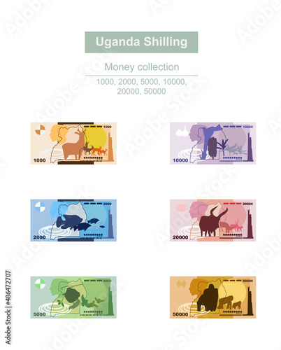 Uganda Shilling Vector Illustration. Uganda money set bundle banknotes. Paper money 1000, 2000, 5000, 10000, 20000, 50000 Ush. Flat style. Isolated on white background. Simple minimal design.