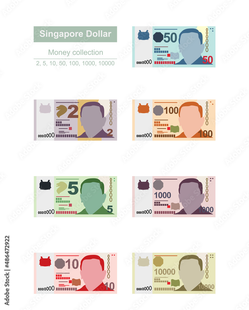 Singaporean Dollar Vector Illustration. Singapore, Brunei money set bundle banknotes. Paper money 2, 5, 10, 50, 100, 1000, 10000 SGD. Flat style. Isolated on white background. Simple minimal design.