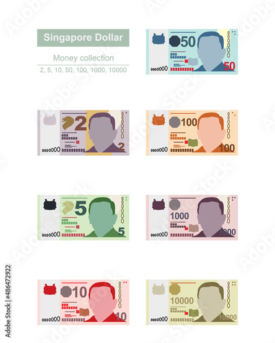 Singaporean Dollar Vector Illustration. Singapore, Brunei money set bundle banknotes. Paper money 2, 5, 10, 50, 100, 1000, 10000 SGD. Flat style. Isolated on white background. Simple minimal design. photo