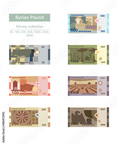 Syrian Pound Vector Illustration. Syria money set bundle banknotes. Paper money 50, 100, 200, 500, 1000, 2000, 5000 SYP. Flat style. Isolated on white background. Simple minimal design.