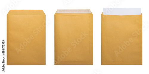 Brown envelope front and back isolated on white background. Letter top view.