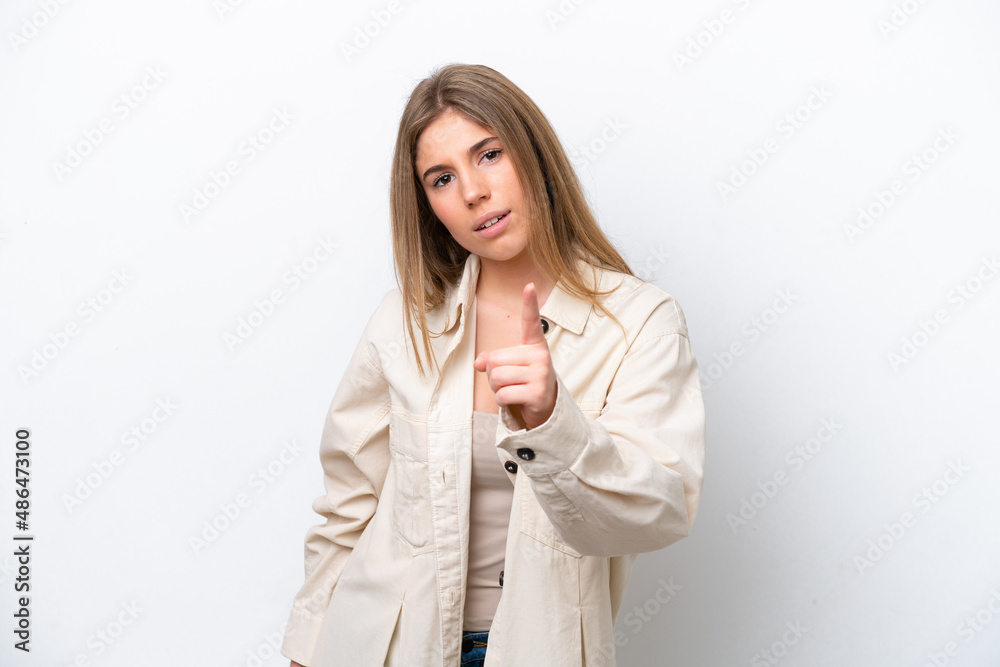 Young caucasian woman isolated on white bakcground frustrated and pointing to the front Young caucasian woman isolated on white bakcground frustrated and pointing to the front