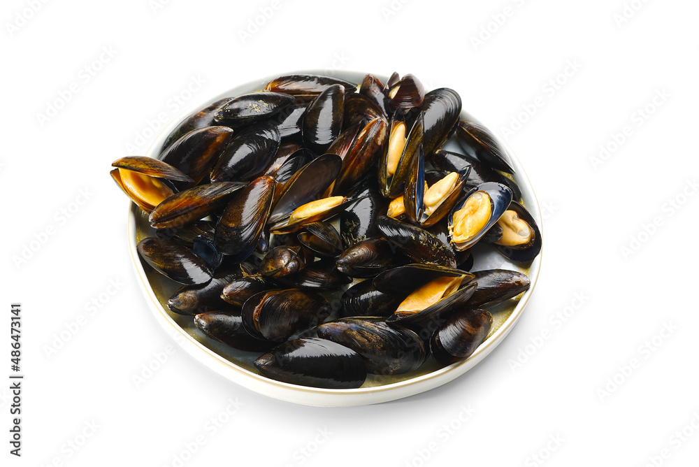 steamed mussels entree. Cooked mussels on white plate on white background deliciousness seafood steamed mussels entree. Cooked mussels on white plate on white background deliciousness seafood