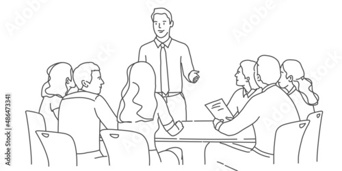 Group of men and women taking part in business meetings, negotiations, brainstorming, talking to each other.