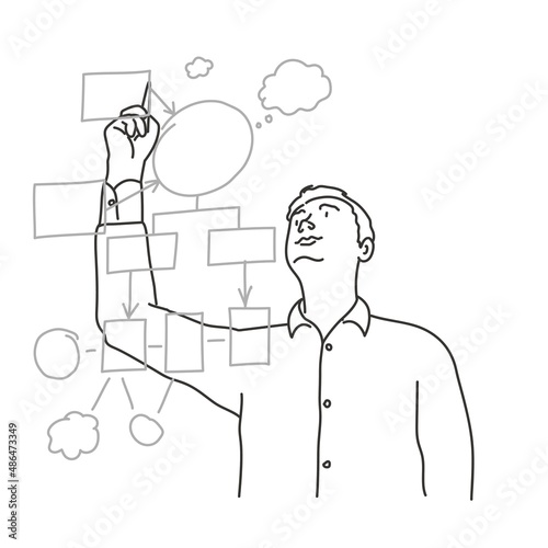 Young businessman busy writing on whiteboard.