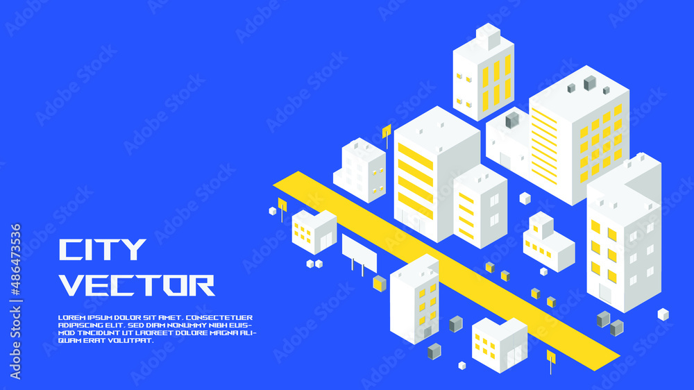 isometric building skyscraper city vector in blue background, urban town design for smart city infographic 