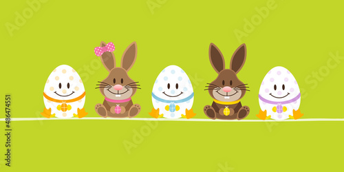 Sitzende Osterhasen Junge & Mädchen Mit 3 Ostereiern Banner Grün