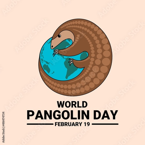 Vector illustration, pangolin coiled on globe, as world pangolin day banner. photo