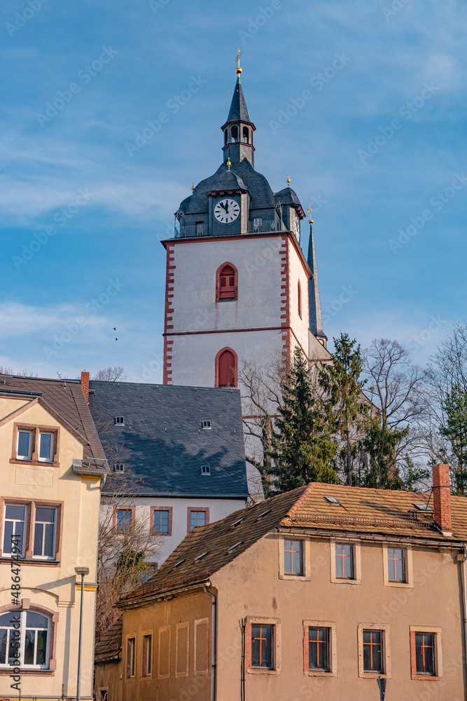 View over a biggest evangelic city church of Our Dear Women in the historical downtown of a small town Mittweida, Saxony, Germany.