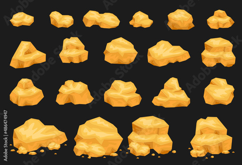 Set of isolated gold mine nuggets and rocks. Natural gems, golden mines elements. 3d gaming rocks, natural gemstones isolated on black.