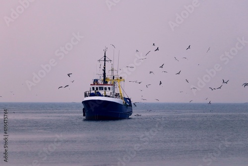 fishing boat in the sea, a flock of seagulls flies around it in search of fresh fish