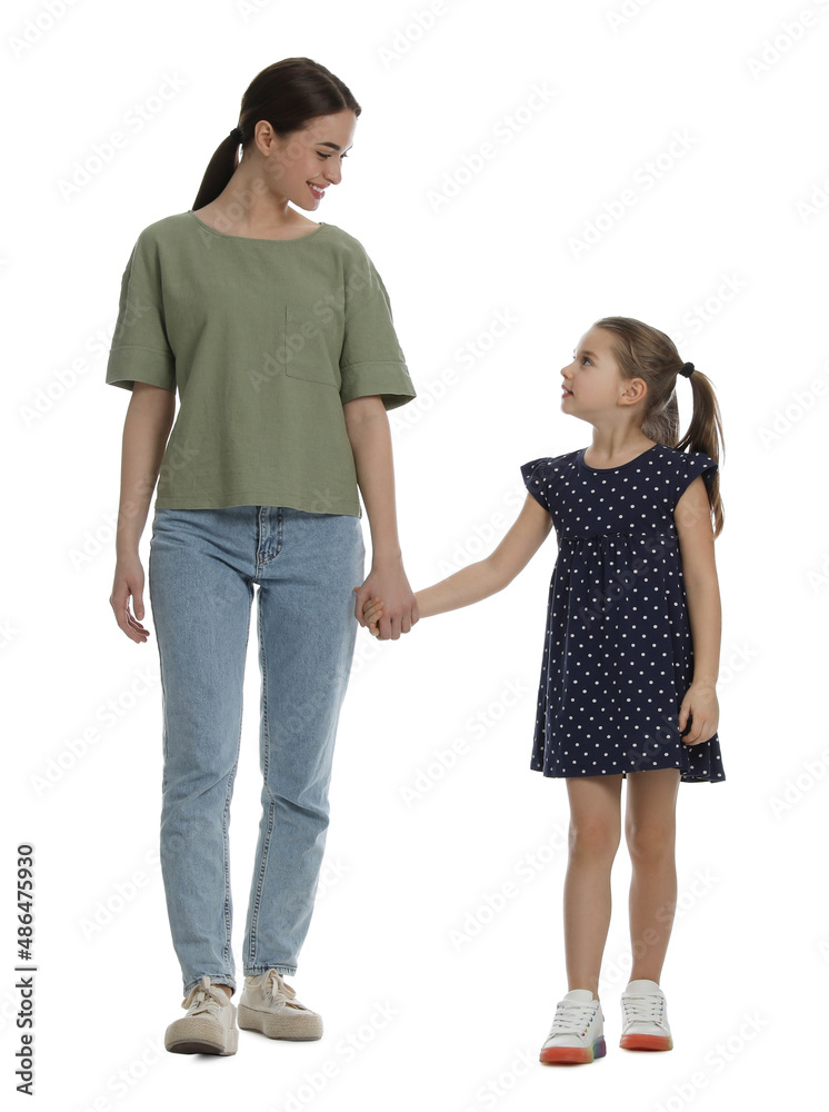 Little girl with her mother on white background Little girl with her mother on white background