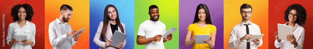 Remote Business. Diverse Multiethnic People Using Digital Tablets Over Colorful Studio Backgrounds Remote Business. Diverse Multiethnic People Using Digital Tablets Over Colorful Studio Backgrounds