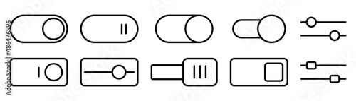 Switch toggle icon set. Outline toggle icon. Turn on and turn off slider. Switch on and off toggle. Power button in line style