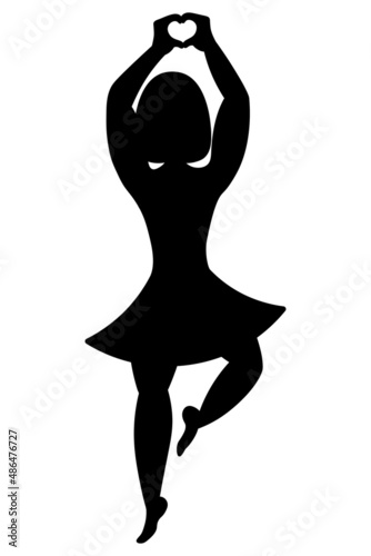 Young woman and heart symbol. Silhouette. Love gesture with hands. The girl folds her palms in her heart. Vector illustration. Hearts fly. Lady in a dress with a fluffy skirt. Isolated background. 