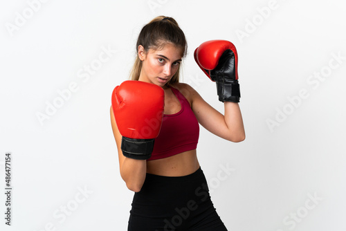 Young caucasian woman isolated on white background with boxing gloves