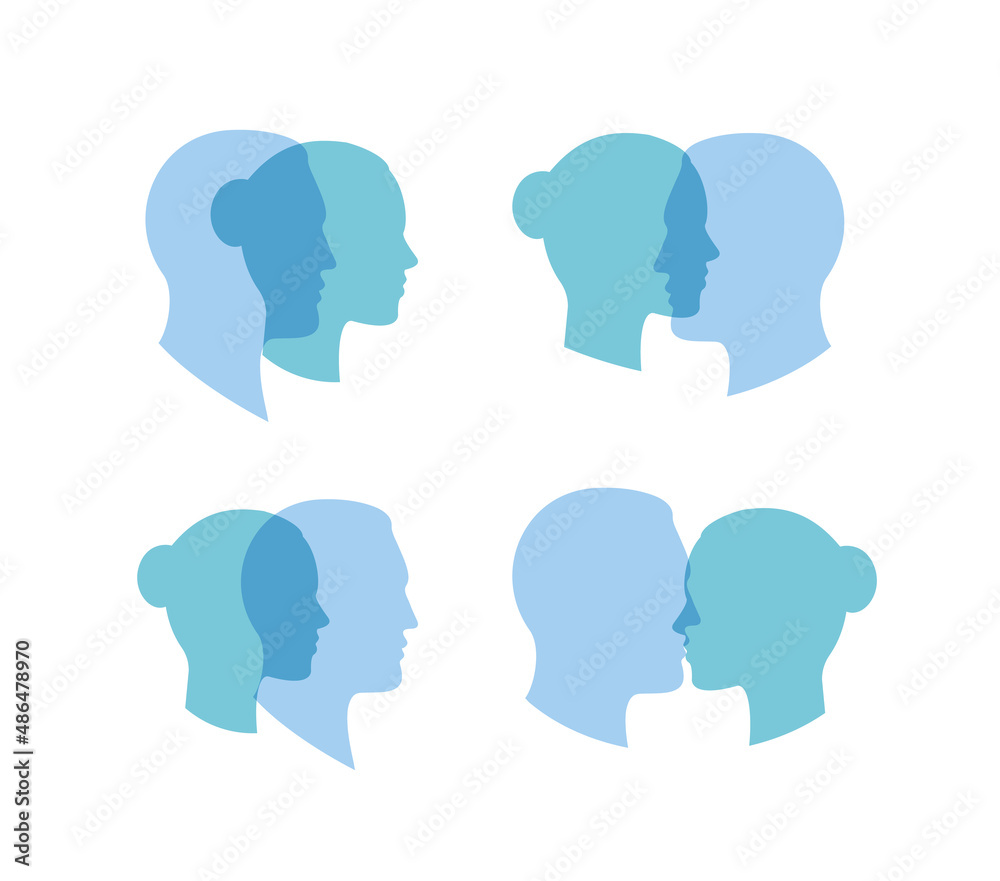 Mental and gender identification symbol, bipolar mental issue, relationship emotion balance, blue color heads icon, isolated vector illustration Mental and gender identification symbol, bipolar mental issue, relationship emotion balance, blue color heads icon, isolated vector illustration