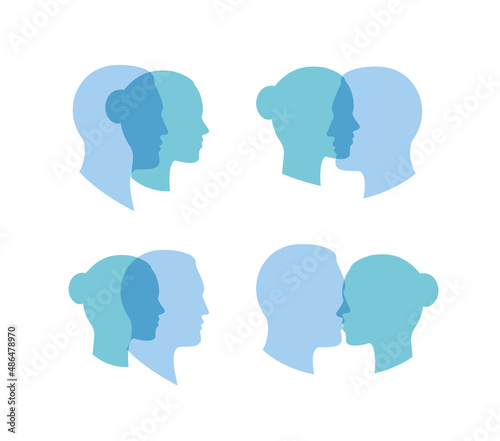 Mental and gender identification symbol, bipolar mental issue, relationship emotion balance, blue color heads icon, isolated vector illustration