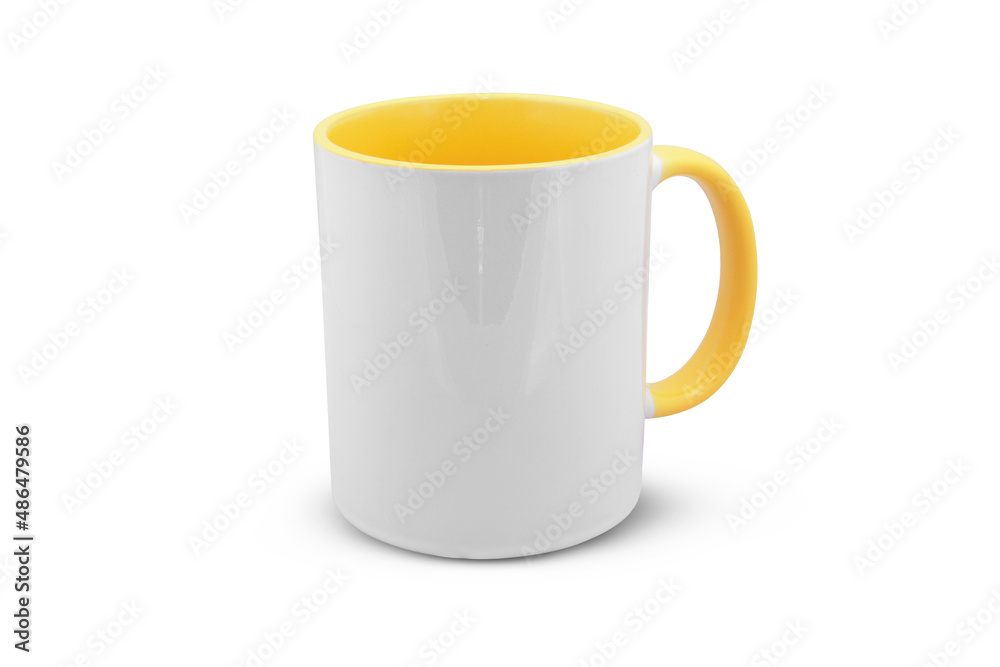 white mug with a yellow handle isolated on white background white mug with a yellow handle isolated on white background