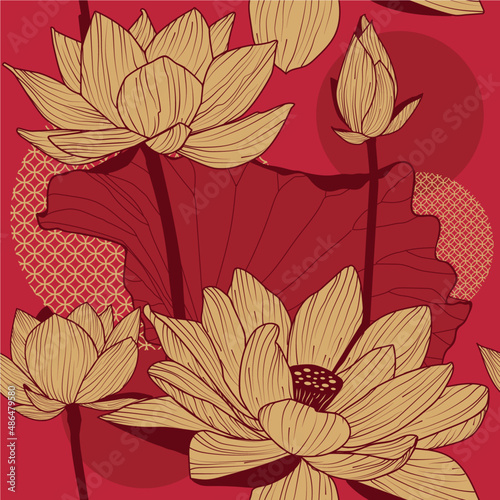 Seamless pattern with natural ornament. Asian lotus flower