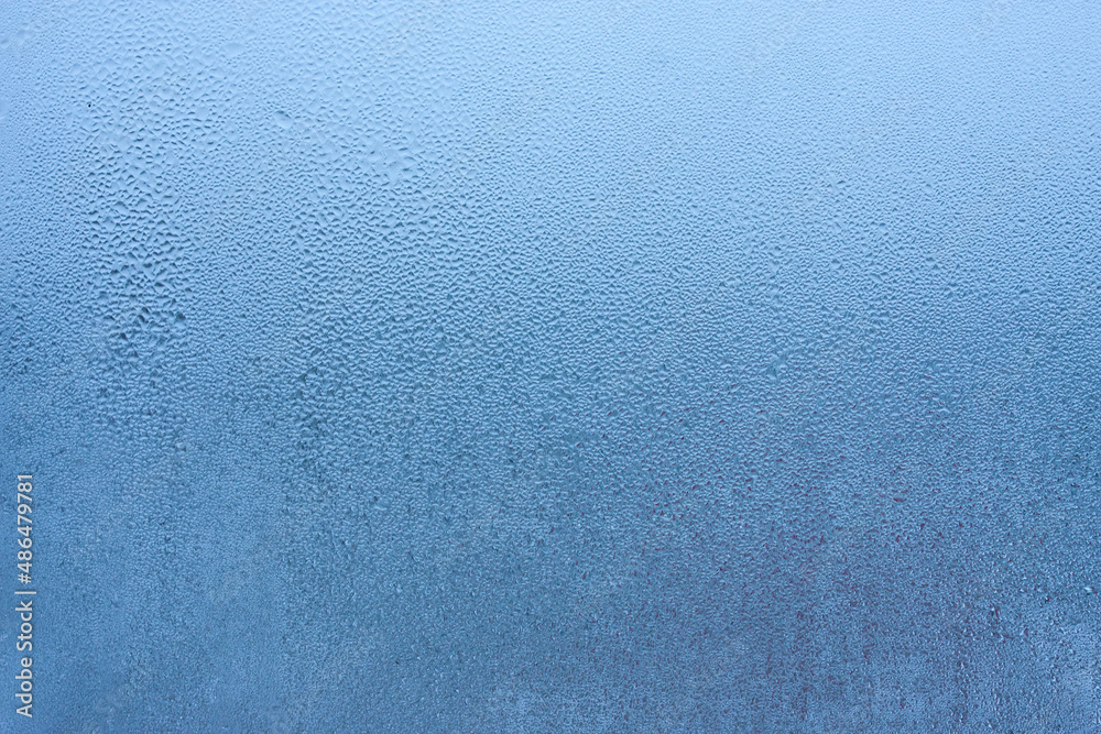 Water droplets condensation background of dew on glass, humidity and foggy blank background. Condensation on the glass of metal-plastic window. Outside the window, bad weather, rain - obrazy, fototapety, plakaty 
