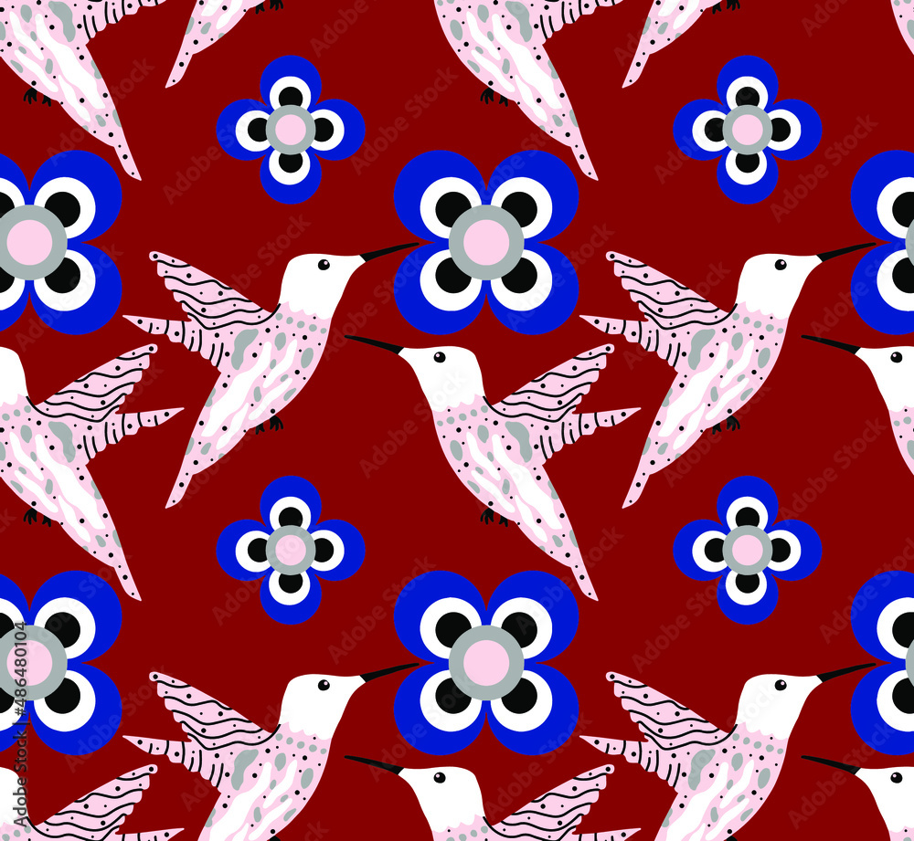 Fototapeta premium Abstract Hand Drawing Flying Hummingbirds and Flowers Seamless Retro Vector Pattern Isolated Background