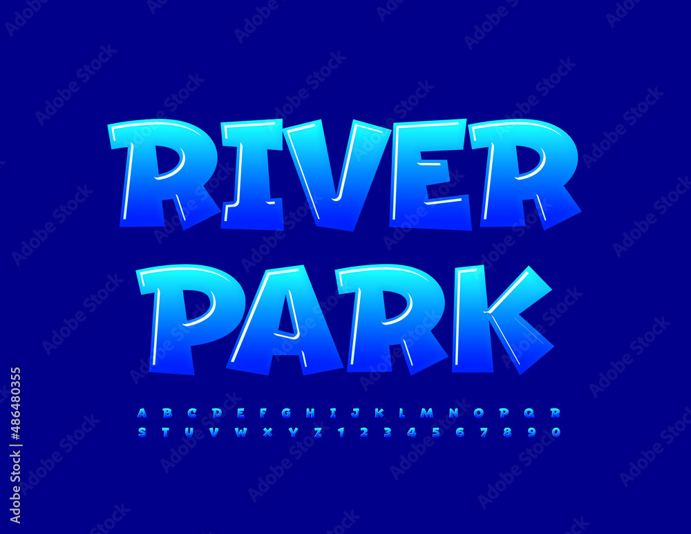 Vector artistic emblem River Park. Creative shiny Font. Blue gradient Alphabet Letters and Numbers set