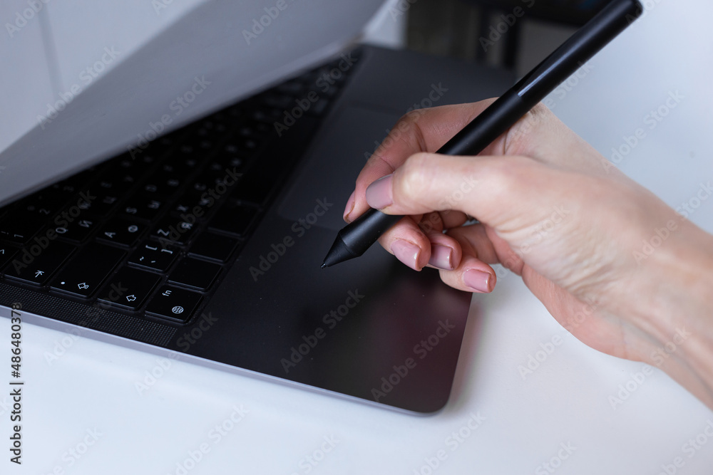 Woman typing on laptop keyboard, office worker Woman typing on laptop keyboard, office worker