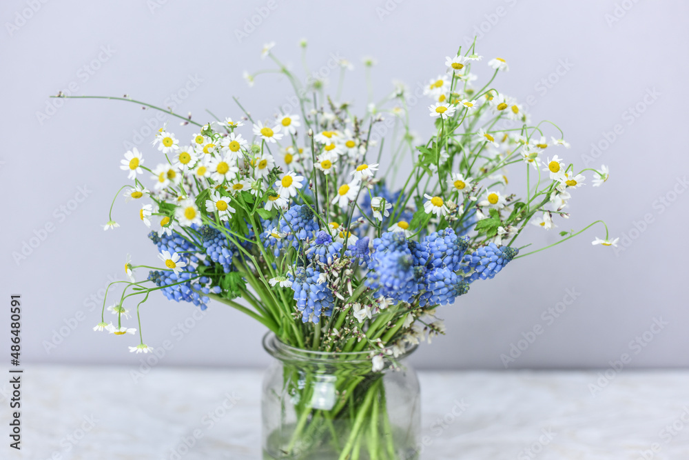 Blumenstrauss mit Muscari, Kamille und Ginster in Glasvase, Blumenvase Frühling