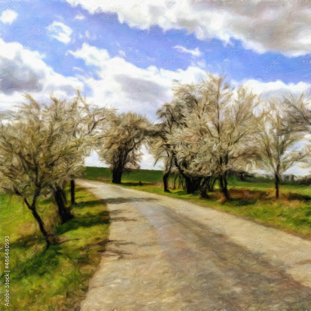 Trendy beautiful travel landscape, bright colors of power of nature. Touristic famous location. Oil painted wall art print in large size, creative drawing design. Contemporary pictorial artwork