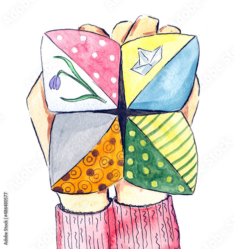 Watercolor and ink illustration of the hand made fortune teller paper toy photo