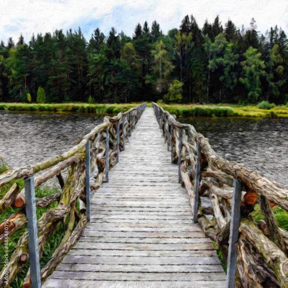 Fototapeta premium Trendy beautiful travel landscape, bright colors of power of nature. Touristic famous location. Oil painted wall art print in large size, creative drawing design. Contemporary pictorial artwork