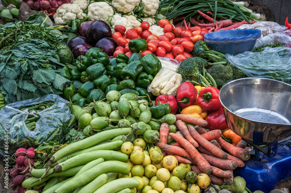 various vegetables on a stall at street market in New Delhi