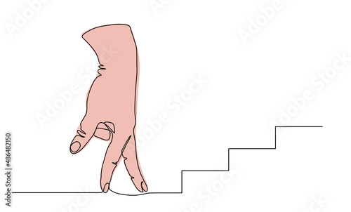 Fingers walking on stairs hand gesture. Consept of success, ambition, effort. One continuous line art drawing vector illustration of walking fingers
