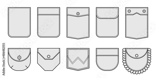 Set of patch pocket for clothing. Vector icons, isolated on a white background.