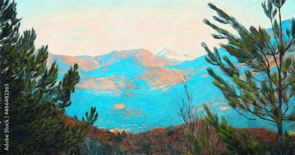 Fototapeta premium Trendy beautiful travel landscape, bright colors of power of nature. Touristic famous location. Oil painted wall art print in large size, creative drawing design. Contemporary pictorial artwork