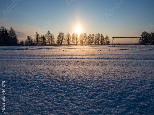 Snow sparkles at snowy football field in winter evening. Silhouette of trees in rays of the setting sun. Place for your text. The cold season. © Evgesha
