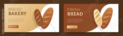 Bread bakery online banner template set, fresh warm breakfast corporate advertisement, horizontal ad, grain food campaign webpage, flyer, creative brochure, isolated on background