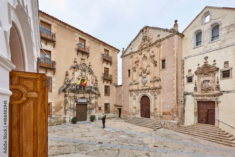 Traditional old town Cuenca city. Merced plaza and church. Spain