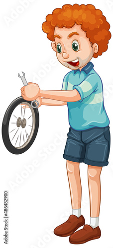 A boy holding a wrench on white background