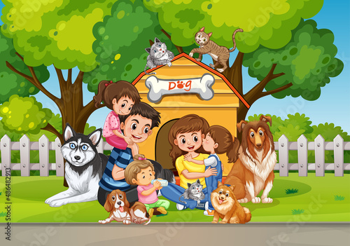 Outdoor scene with family and their dogs